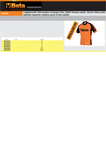 Beta 9542M Légáteresztő mikroszálas rövidujjú trikó, fedett hosszú cipzár, három hátsó zseb, egyikük cipzárral, szilikon gumi a trikó szélén S