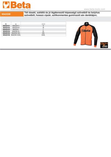 Beta 9542GW Téli dzseki, szélálló és jó légáteresztő képességű szövetből és bolyhos szövetből; hosszú cipzár, szilikonmentes gumírozott sáv deréktájon XL