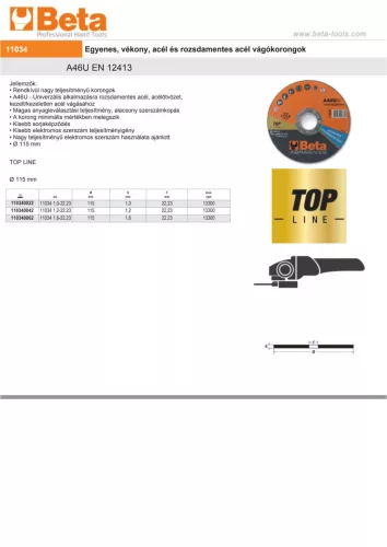 Beta 11034 1,6-22,23 VÁGÓKORONG ROZSDAMENTES ACÉLHOZ 115x22,23x1,6mm