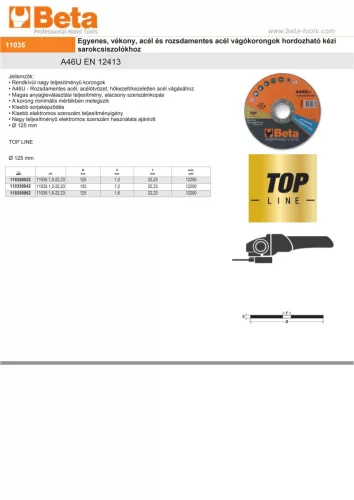 Beta 11035 1,6-22,23 VÁGÓKORONG ROZSDAMENTES ACÉLHOZ 125x22,23x1,6mm