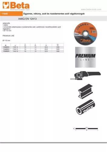 Beta 11045 1,6 VÁGÓKORONG ROZSDAMENTES ACÉLHOZ 115x1,6mm