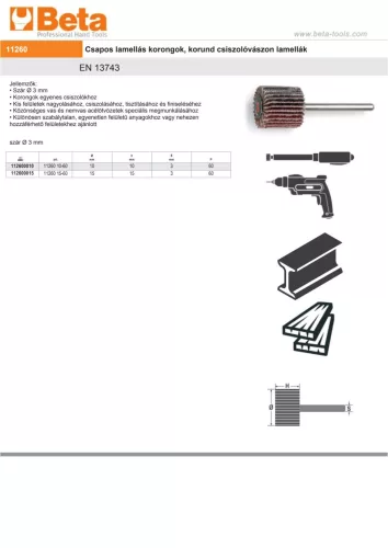 Beta 11260 15-60 Csapos lamellás korongok, korund csiszolóvászon lamellák P60 15x15x3mm P60
