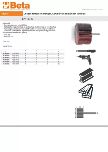 Beta 11268 30-80 Csapos lamellás korongok, korund csiszolóvászon lamellák 80x30x6mm P80