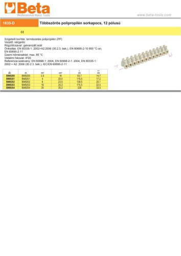 Beta BM9201 Többszörös polipropilén sorkapocs, 12 pólusú 4mm²
