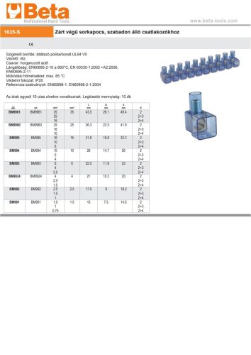 Beta BM993 Zárt végű sorkapocs, szabadon álló csatlakozókhoz 6mm²