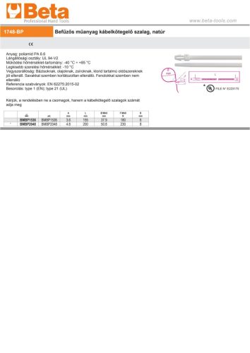 Beta BMBP1536 Befűzős műanyag kábelkötegelő szalag, natúr 3,6x155mm