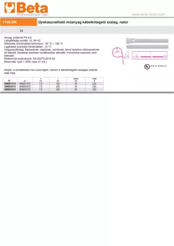 Beta BMBR1576 Újrahasználható műanyag kábelkötegelő szalag, natúr 7,6x150mm