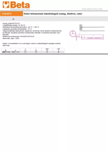 Beta BMBT1112 Külön feliratozható kábelkötegelő szalag, 20x9mm, natúr 2,5x110mm