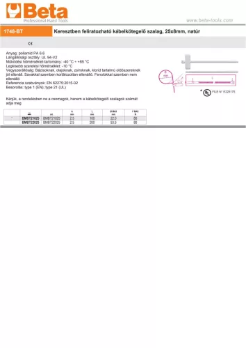 Beta BMBT21025 Keresztben feliratozható kábelkötegelő szalag, 25x8mm, natúr 2,5x100mm