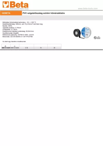 Beta BMETA1920NE PVC szigetelőszalag extrém hőmérsékletre 19mmx20m