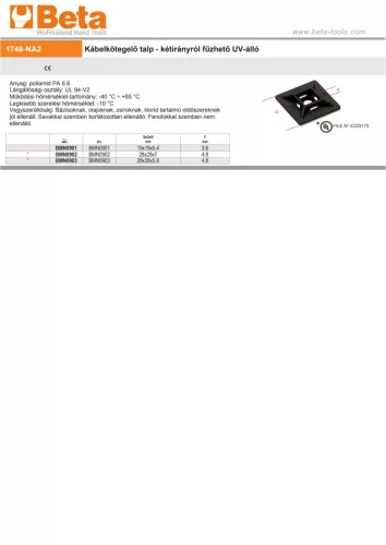 Beta BMN0901 Kábelkötegelő talp - kétirányról fűzhető UV-álló fekete 19x19x5,4x3,6mm