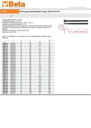 Beta BMN7576 Műanyag kábelkötegelő szalag, fekete UV-álló 7,6x750mm