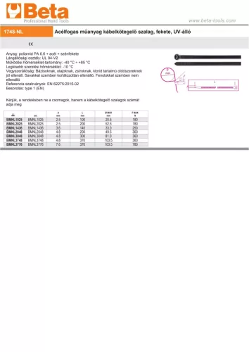 Beta BMNL3748 Acélfogas műanyag kábelkötegelő szalag, fekete, UV-álló 4,8x370mm
