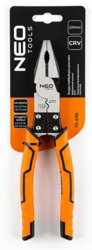 Neo Tools Kombinált fogó, multifunkciós, vezetékcsupaszító és krimpelő funkcióval, polírozott króm vanádium, 220mm