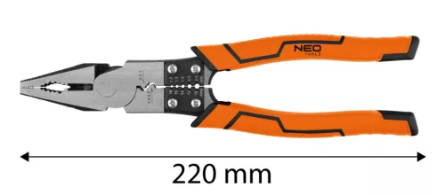 Neo Tools Kombinált fogó, multifunkciós, vezetékcsupaszító és krimpelő funkcióval, polírozott króm vanádium, 220mm