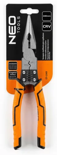 Neo Tools Hosszúcsőrű fogó, multifunkciós, vezetékcsupaszító és krimpelő funkcióval, polírozott króm vanádium, 220mm