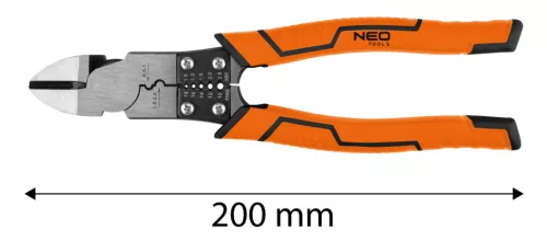 Neo Tools Hosszúcsőrű fogó, multifunkciós, vezetékcsupaszító és krimpelő funkcióval, polírozott króm vanádium, 220mm