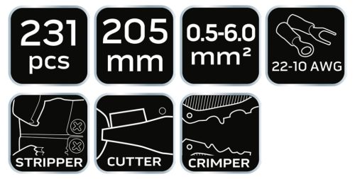Neo Tools Kábelcsupaszító fogó, automata 200mm + csatlakozók 230db