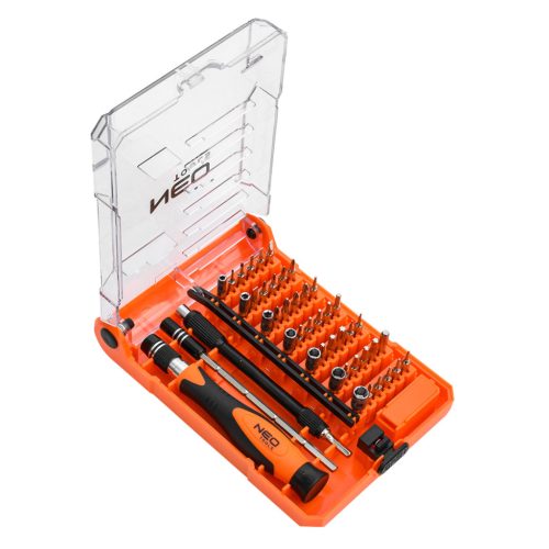 Neo Tools Műszerész, precíziós csavarhúzókészlet, bitekkel, nyéllel és hosszabbító szárakkal, 45db-os
