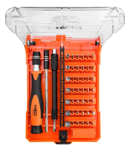 Neo Tools Műszerész, precíziós csavarhúzókészlet, bitekkel, nyéllel és hosszabbító szárakkal, 45db-os