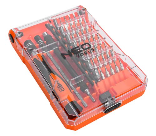 Neo Tools Műszerész, precíziós csavarhúzókészlet, bitekkel, nyéllel és hosszabbító szárakkal, 45db-os