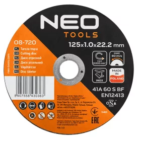   Neo Tools Vágókorong, fémhez, 125x1x22,2mm, 41A 60 S BF INOX, 25db/cs