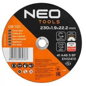   Neo Tools Vágókorong, fémhez, 230x1,9x22,2mm, 41A 46 S BF INOX, 25db/cs