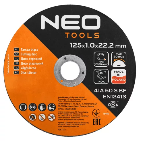 Neo Tools Vágókorong, fémhez, 125x1x22,2mm, 41A 60 S BF INOX, 100db/cs