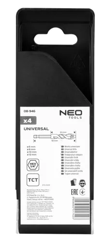 Neo Tools Univerzális keményfémlapkás fúrókészlet, 1/4" hatszög szárral, 6,8,10,12mm, 4db
