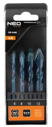 Neo Tools Univerzális keményfémlapkás fúrókészlet, 1/4" hatszög szárral, 6,8,10,12mm, 4db