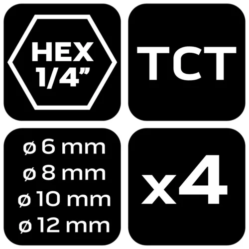 Neo Tools Univerzális keményfémlapkás fúrókészlet, 1/4" hatszög szárral, 6,8,10,12mm, 4db