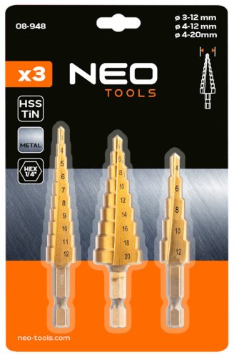 Neo Tools Lépcsős fúrókészlet, 3db-os, HSS-Titán, 3-20mm, hatszög szárral