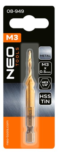 Neo Tools Gépi menetfúró, 2az1ben előfúró éllel, HSS-Titán, M3X0,5mm, hatszög szárral