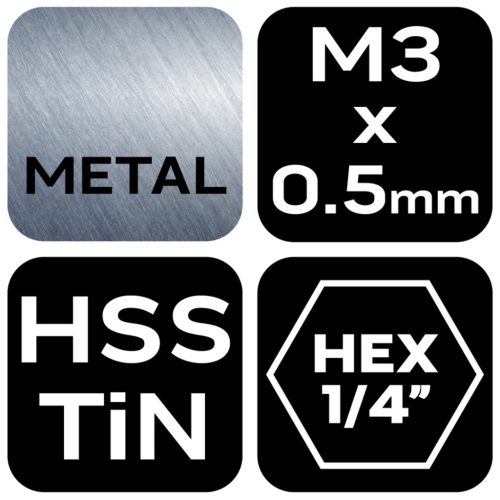 Neo Tools Gépi menetfúró, 2az1ben előfúró éllel, HSS-Titán, M3X0,5mm, hatszög szárral