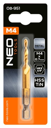 Neo Tools Gépi menetfúró, 2az1ben előfúró éllel, HSS-Titán, M4X0,7mm, hatszög szárral