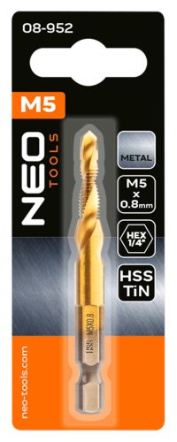 Neo Tools Gépi menetfúró, 2az1ben előfúró éllel, HSS-Titán, M5X0,8mm, hatszög szárral