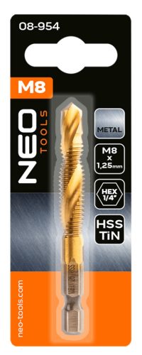 Neo Tools Gépi menetfúró, 2az1ben előfúró éllel, HSS-Titán, M8X1,25mm, hatszög szárral