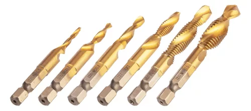 Neo Tools Gépi menetfúró készlet, 2az1ben előfúró éllel, HSS-Titán, M3-M10, 6db, hatszög szárral