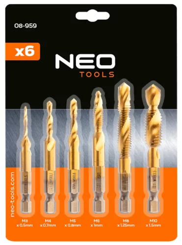 Neo Tools Gépi menetfúró készlet, 2az1ben előfúró éllel, HSS-Titán, M3-M10, 6db, hatszög szárral