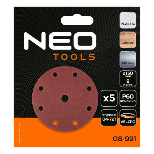 Neo Tools Csiszolókorong tépőzáras 150mm, P60, 9 lyukkal, 5db, 04-721-hez