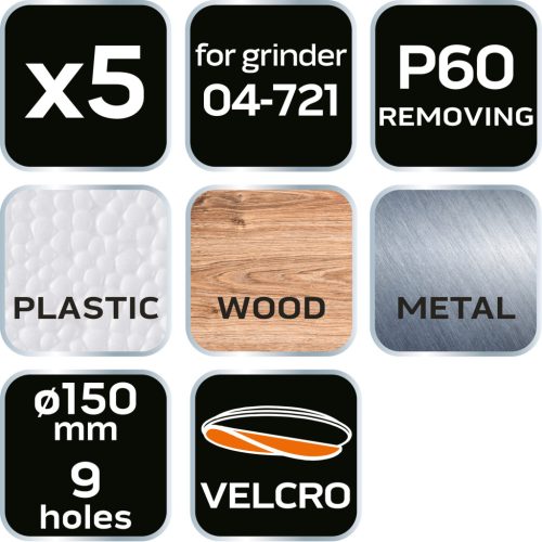 Neo Tools Csiszolókorong tépőzáras 150mm, P60, 9 lyukkal, 5db, 04-721-hez