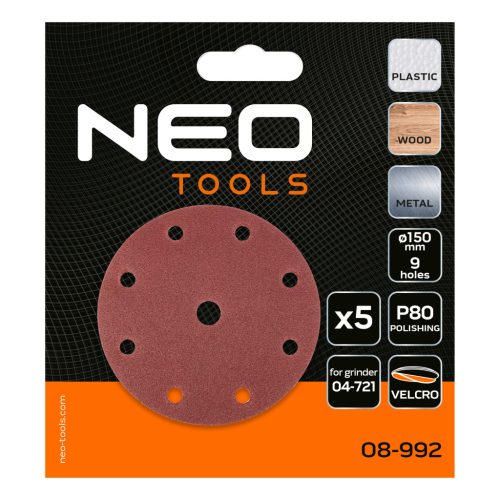 Neo Tools Csiszolókorong tépőzáras 150mm, P80, 9 lyukkal, 5db, 04-721-hez