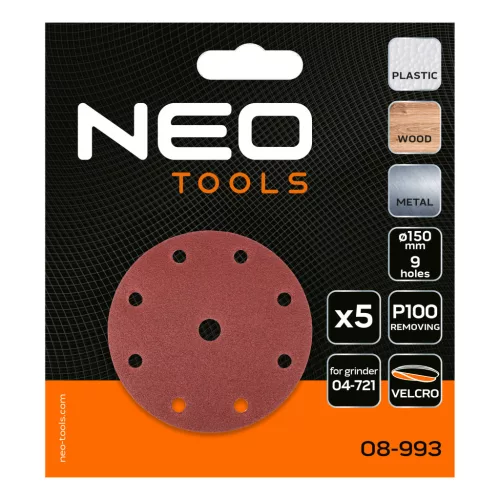 Neo Tools Csiszolókorong tépőzáras 150mm, P100, 9 lyukkal, 5db, 04-721-hez