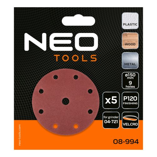 Neo Tools Csiszolókorong tépőzáras 150mm, P120, 9 lyukkal, 5db, 04-721-hez