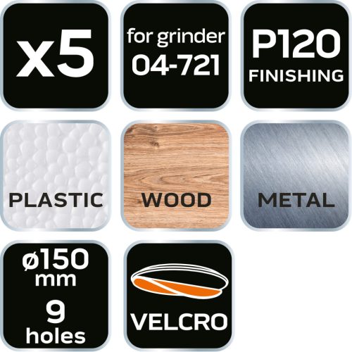 Neo Tools Csiszolókorong tépőzáras 150mm, P120, 9 lyukkal, 5db, 04-721-hez