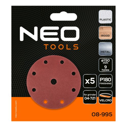 Neo Tools Csiszolókorong tépőzáras 150mm, P180, 9 lyukkal, 5db, 04-721-hez