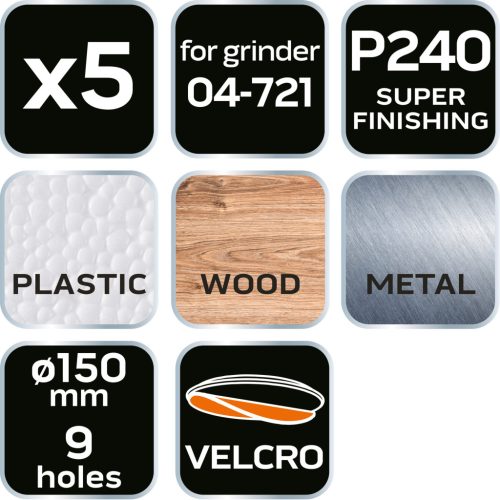 Neo Tools Csiszolókorong tépőzáras 150mm, P240, 9 lyukkal, 5db, 04-721-hez
