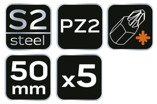 Neo Tools Torziós ütvecsavarozó bitek S2, 50mm, PZ2, 5db