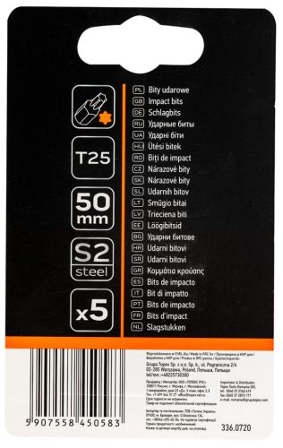 Neo Tools Torziós ütvecsavarozó bitek S2, 50mm, T25, 5db