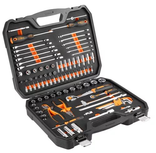 Neo Tools Szerszám és dugókulcs készlet, 1/4", 1/2", EVA habszivacs, műanyag koffer, 96db